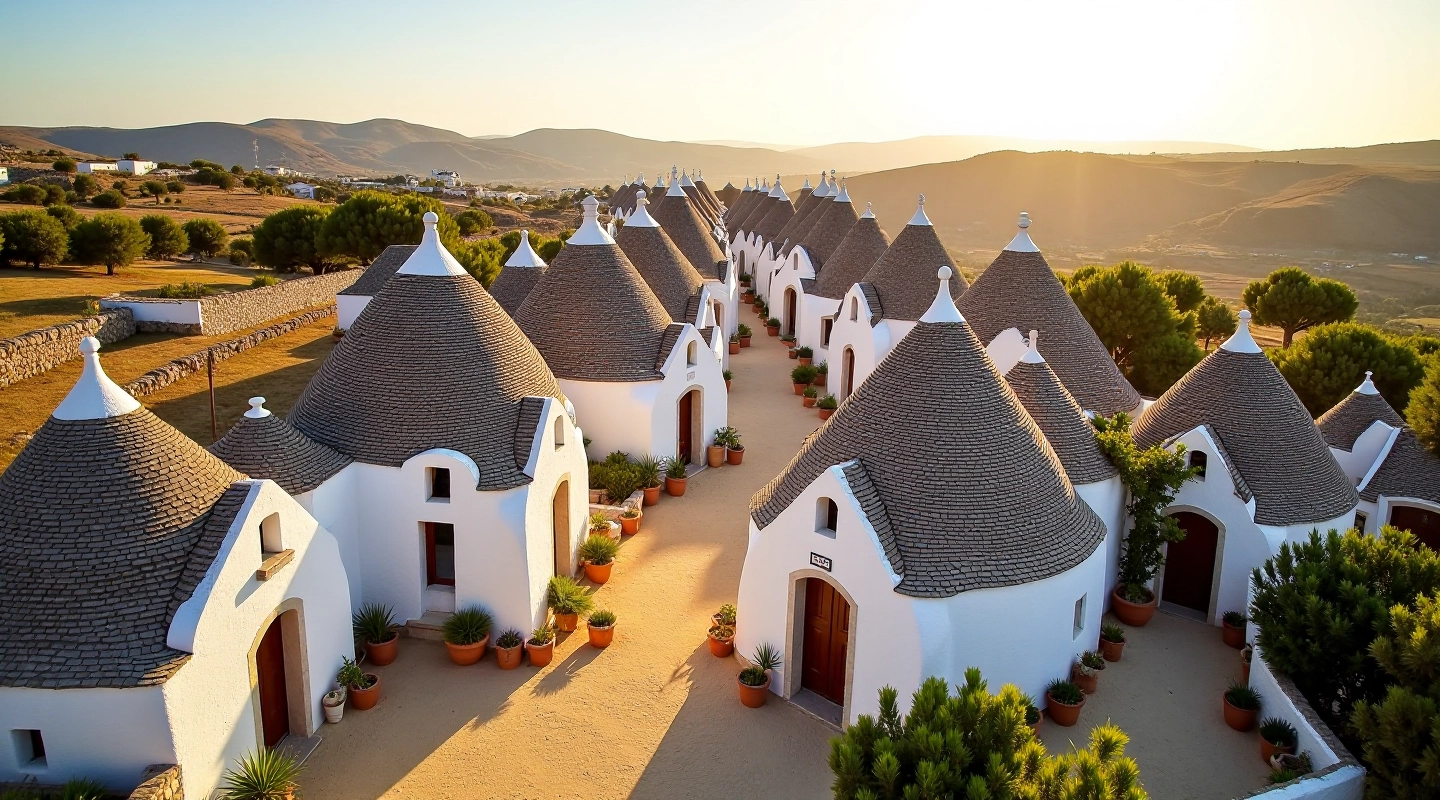 Vista aerea dei trulli bianchi con i caratteristici tetti conici nella Valle d'Itria