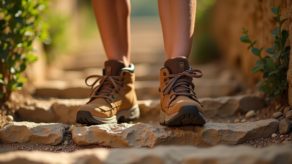 Primo piano di scarpe da trekking su sentiero in salita con pietre irregolari, erba verde e terreno naturale visibile