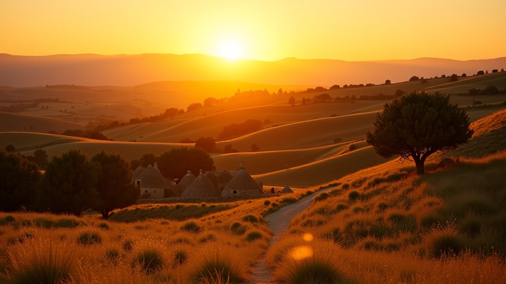 Tramonto sulla Valle d'Itria con muretti a secco che dividono i campi illuminati dalla luce dorata del pomeriggio