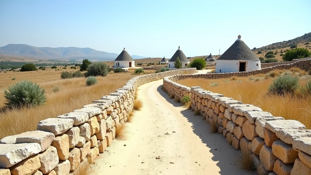 Sentiero tra muretti a secco in pietra calcarea, con trulli visibili sullo sfondo e vegetazione mediterranea lungo il percorso
