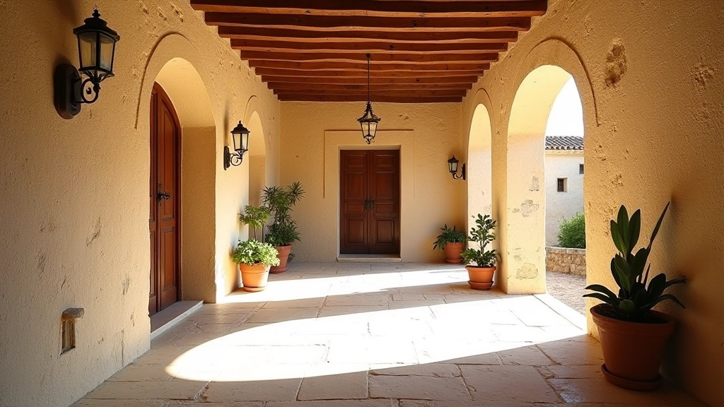 Cortile interno di una masseria con archi in pietra e atmosfera storica