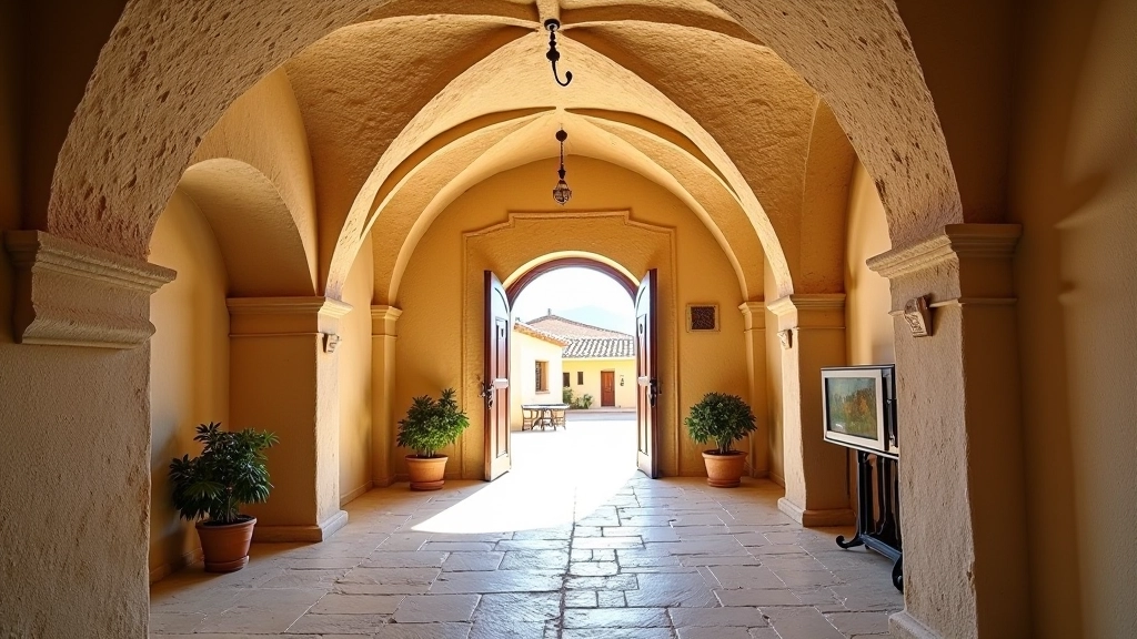 Interno di una masseria tradizionale con volta a botte in pietra, archi medievali, architettura rurale storica ben conservata