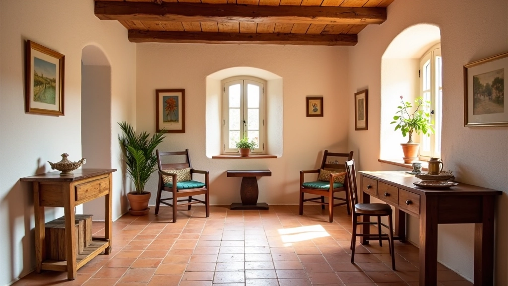 Interno di masseria con pavimento in terracotta e decorazioni tradizionali pugliesi