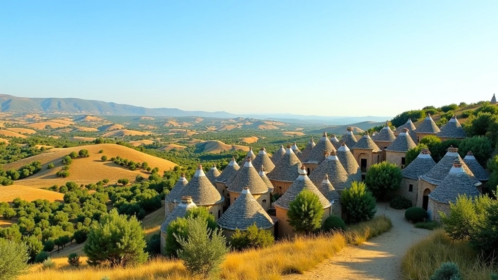 Veduta panoramica della Valle d'Itria con trulli sparsi tra gli uliveti e il cielo azzurro