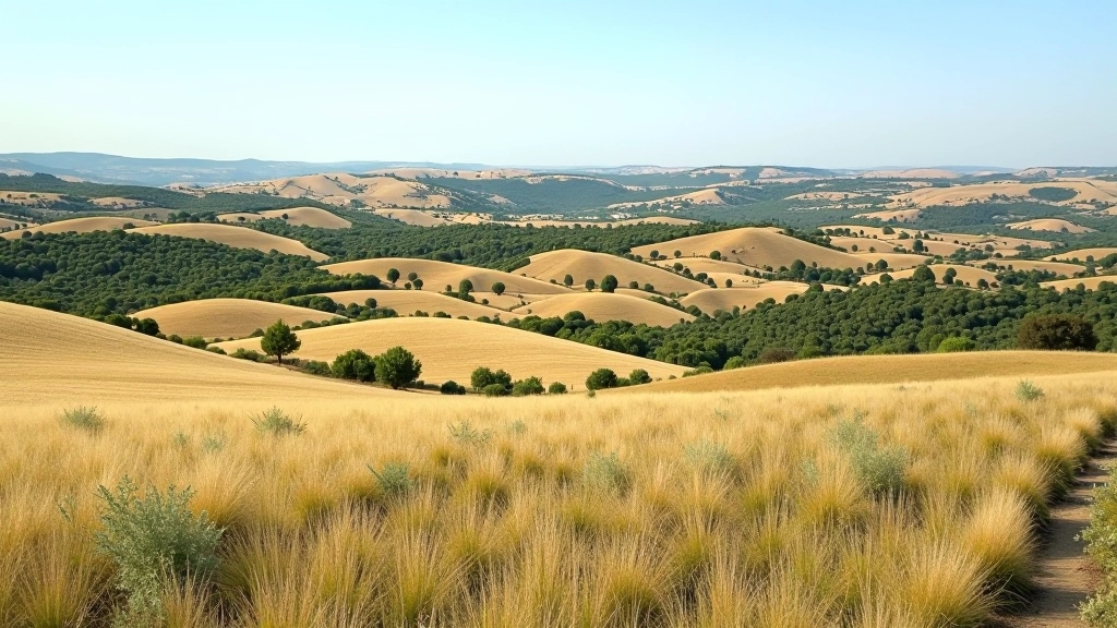 Paesaggio ampio della Valle d'Itria con muretti a secco che attraversano i campi tra trulli e uliveti