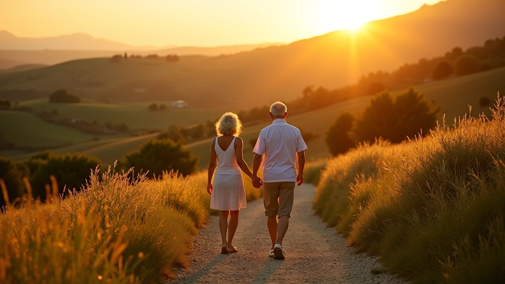 Persone che camminano su sentiero rurale con vista panoramica della Valle d'Itria al tramonto