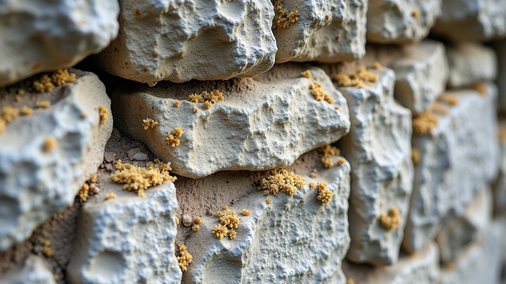 Dettagli della texture delle pietre nel muretto con licheni e muschi che crescono sulle superfici antiche