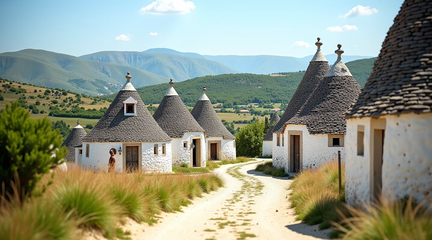Sentiero tra trulli bianchi con paesaggio collinare verde della Valle d'Itria