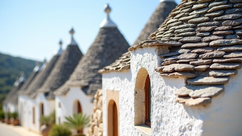 Dettaglio di un trullo bianco con tetto conico e muri a secco in pietra locale, architettura tradizionale della Valle d'Itria