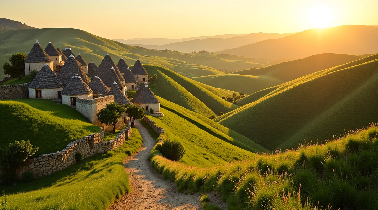 Paesaggio della Valle d'Itria con trulli bianchi e campi verdi al tramonto