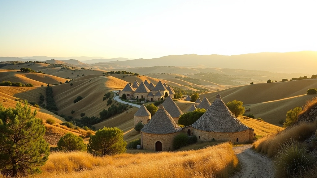 Paesaggio della Valle d'Itria con vista di multiple trulli bianchi sparse nel paesaggio ondulato, con muretti a secco in primo piano